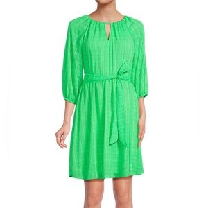 NWT DKNY Green with Gold Metallic Checked Belted Dress Fit Flare